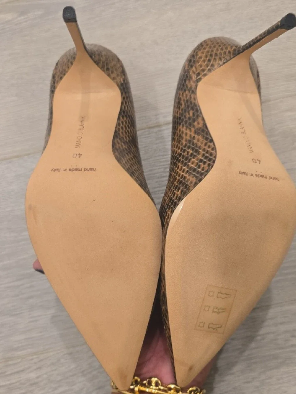 Manolo Blahnik Tan and Brown Snake-Print Pointed-Toe Pumps - Picture 2 of 3